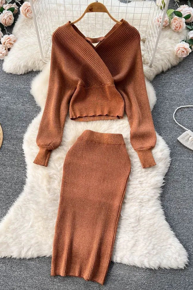 Elegant Batwing Sleeve Knitted Sweater and Skirt Set