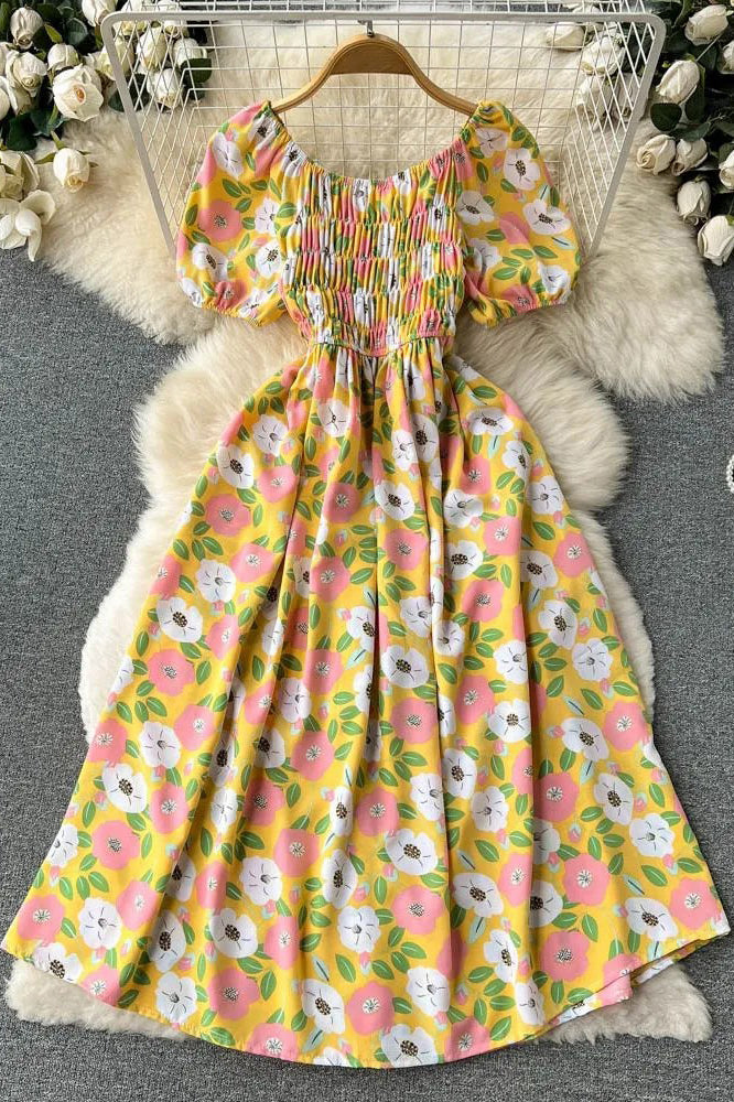 Romantic Flower Print Long Dress Elegant Puff Sleeve Off Shoulder Dress Party Vestidos Dress