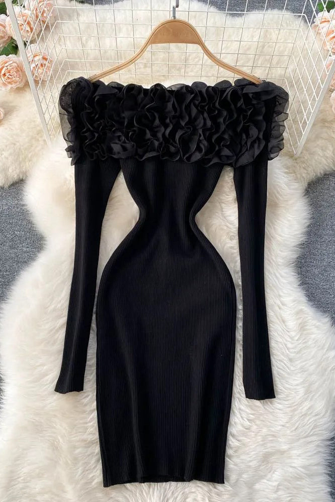 Romantic 3D Flowers Bodycon Party Dress Elegant Off Shoulders Long Sleeve Knitted Dress