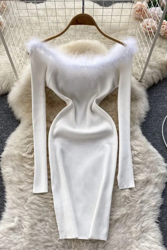 Fur Patchwork Off-Shoulder Knitted Mini Dress for Parties