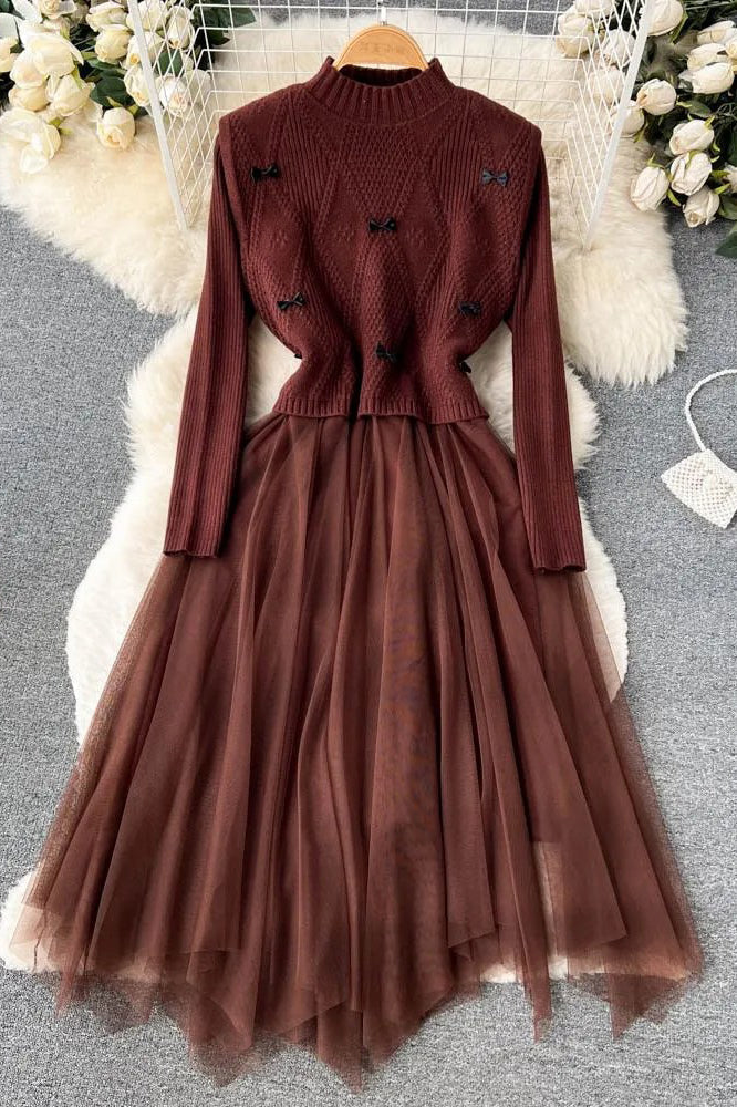 Elegant Lace Patchwork Knitted Sweater Dress Set - Z159