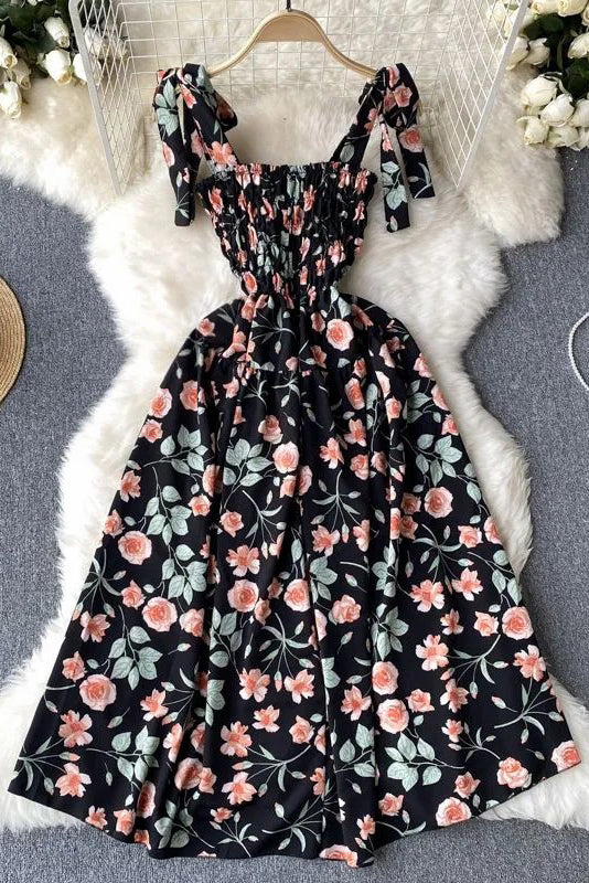 Romantic Floral Print Bandage Straps Dress Vacation Beach Long Dress