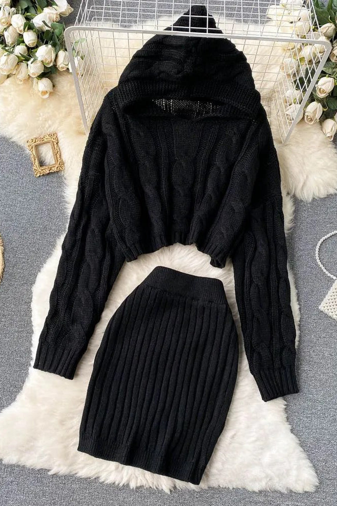 Chic Hooded Sweater and High-Waist Mini Skirt Set