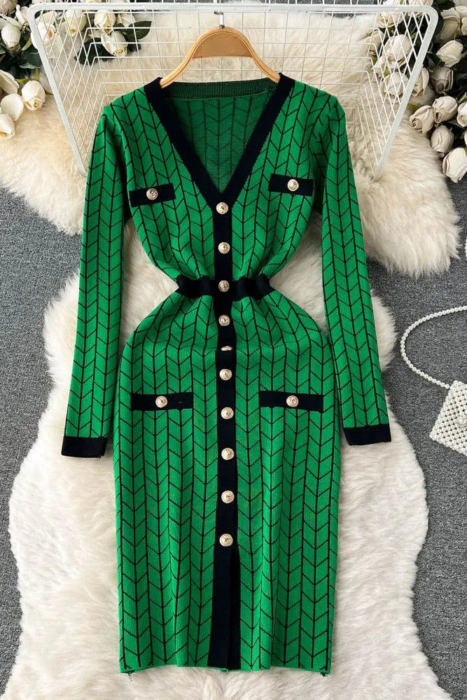 V-neck Button-Up Knitted Sweater Dress for Elegant Style