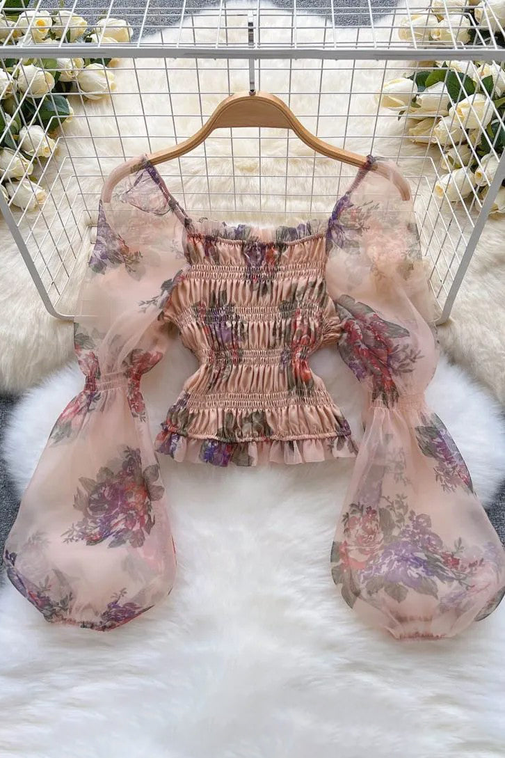 Romantic Flower Print Blouses Elegant Mesh Puff Sleeve Slim Elastic Ruched Waist Female Short Shirts Tops