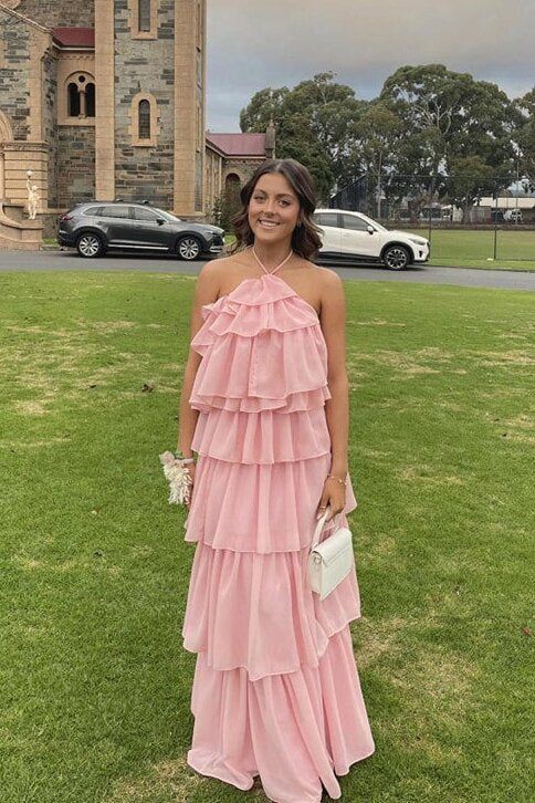 Halter Pink Layer Long Prom Dress Chiffon Birthday Dress - Fashionpara