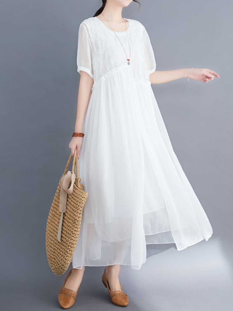 Embroidered Silk Round-Neck A-Line Dress - Fashionpara