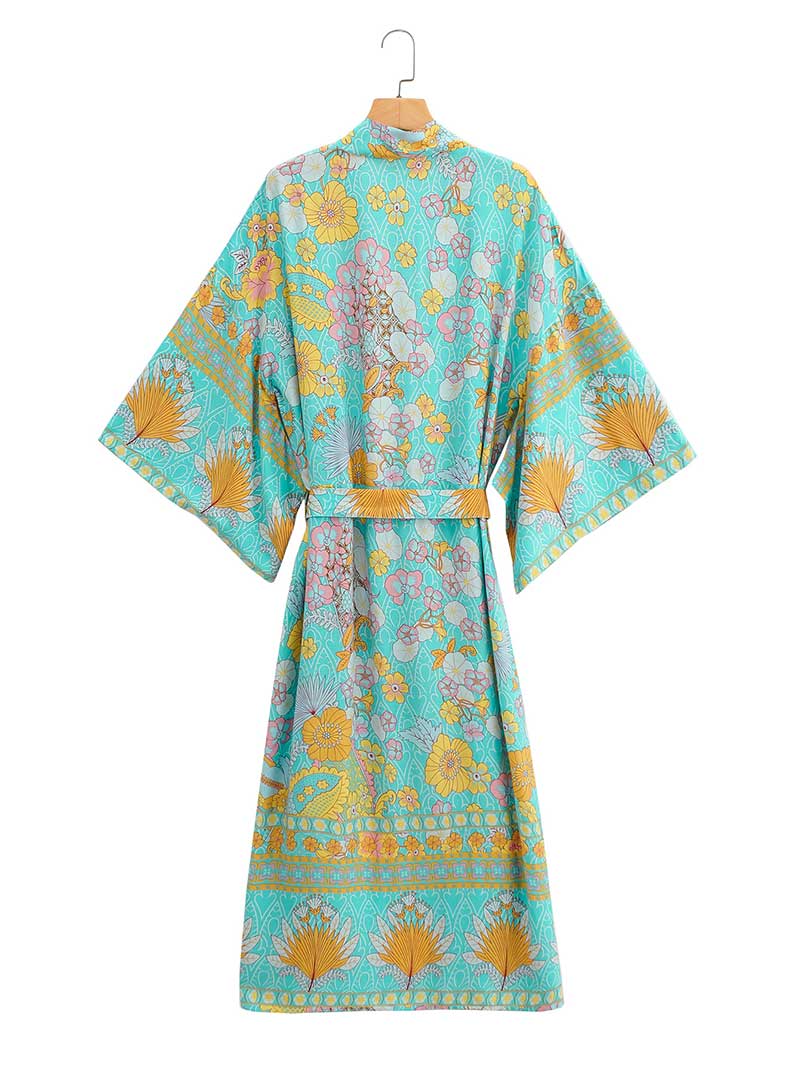 Birthday Party Floral Print Green Color Cotton Long Kimono Robe - Fashionpara