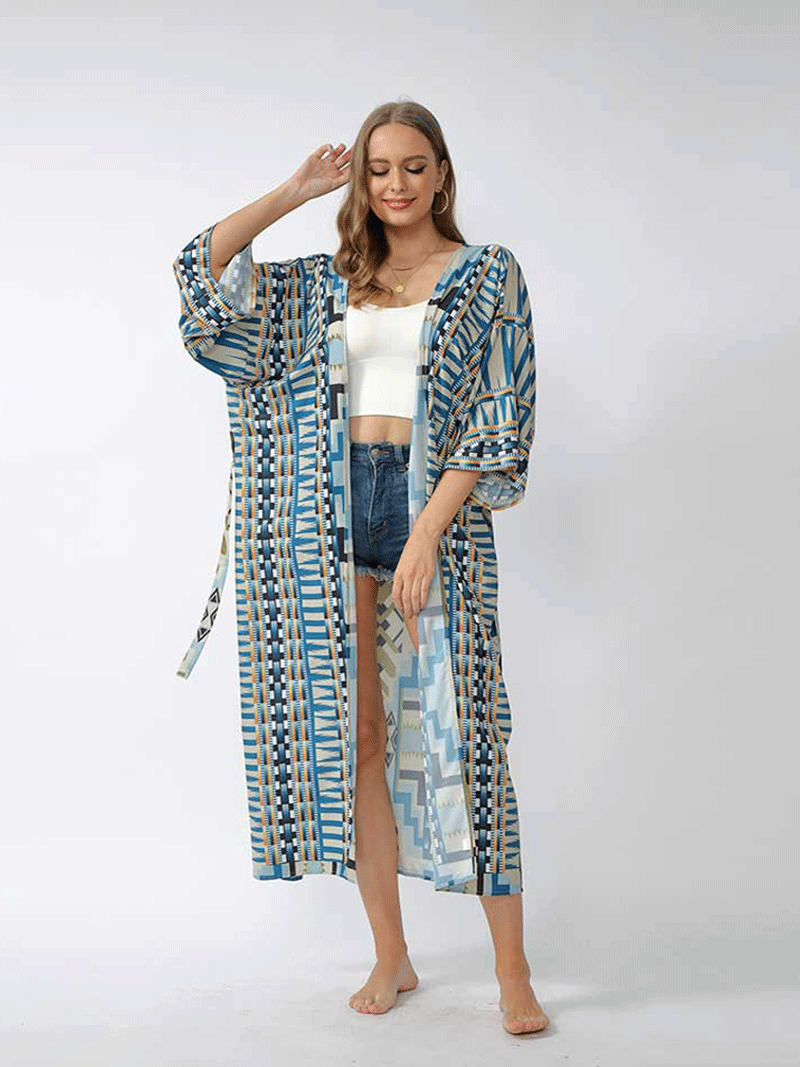 Printed Different Colors Polyester Long Length Gown Kimono Duster Robe - Fashionpara
