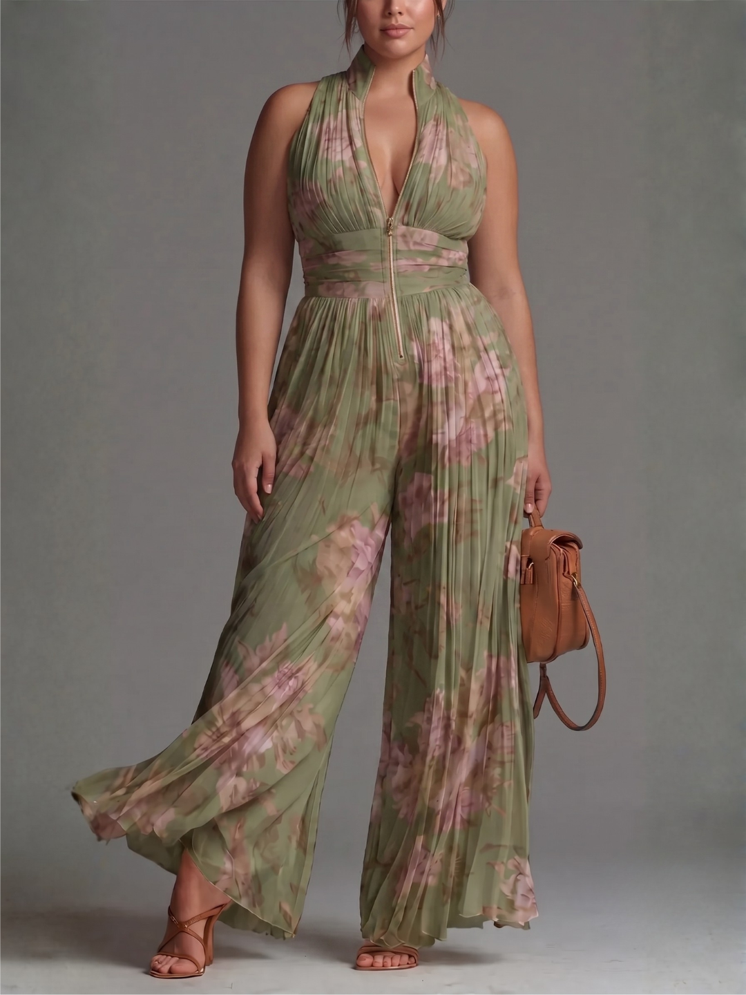 High Neck Zip Front Pleated Wide Leg Jumpsuit 6