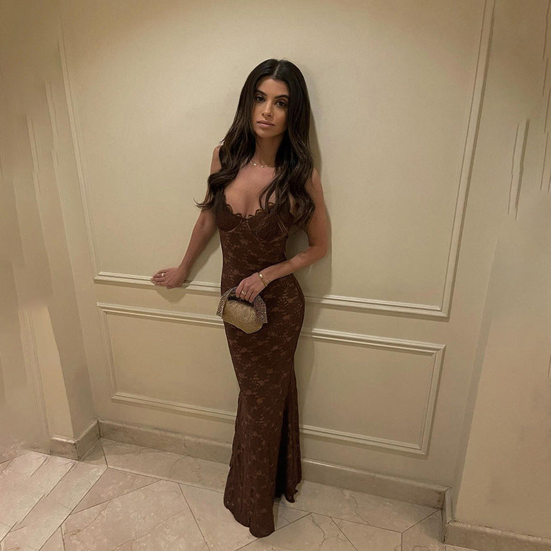 Floral Lace Strappy Scalloped Bodycon Maxi Dress 2