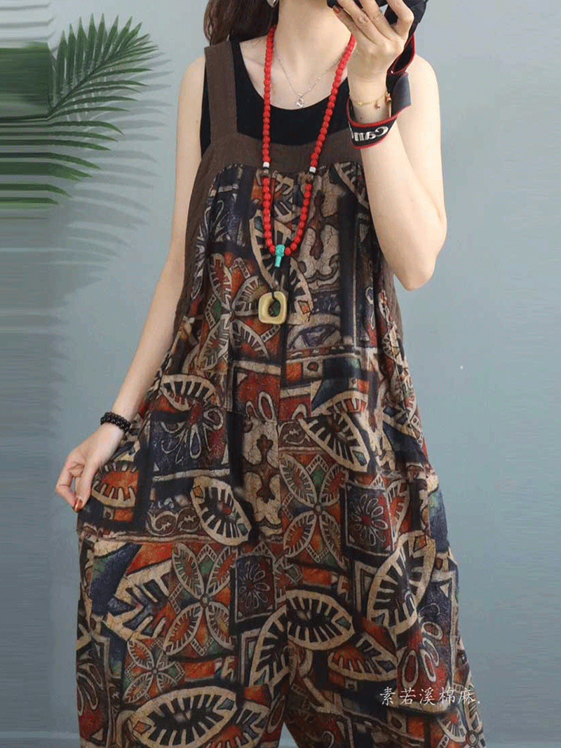 Lo Siento Ethnic Print Cotton & Linen Overall Dungaree - Fashionpara
