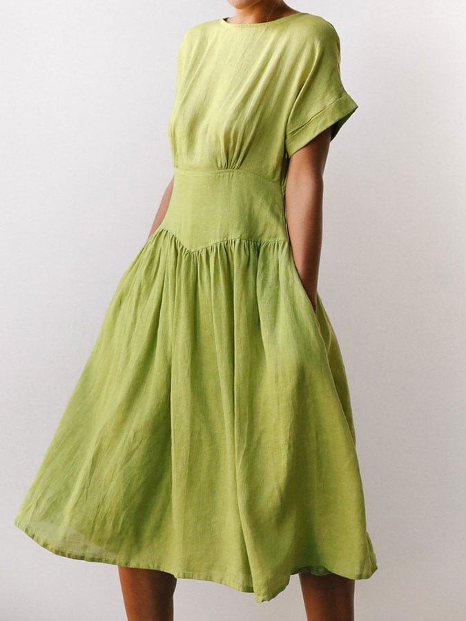 2023 New Linen Grass Green Midi Dress - Fashionpara