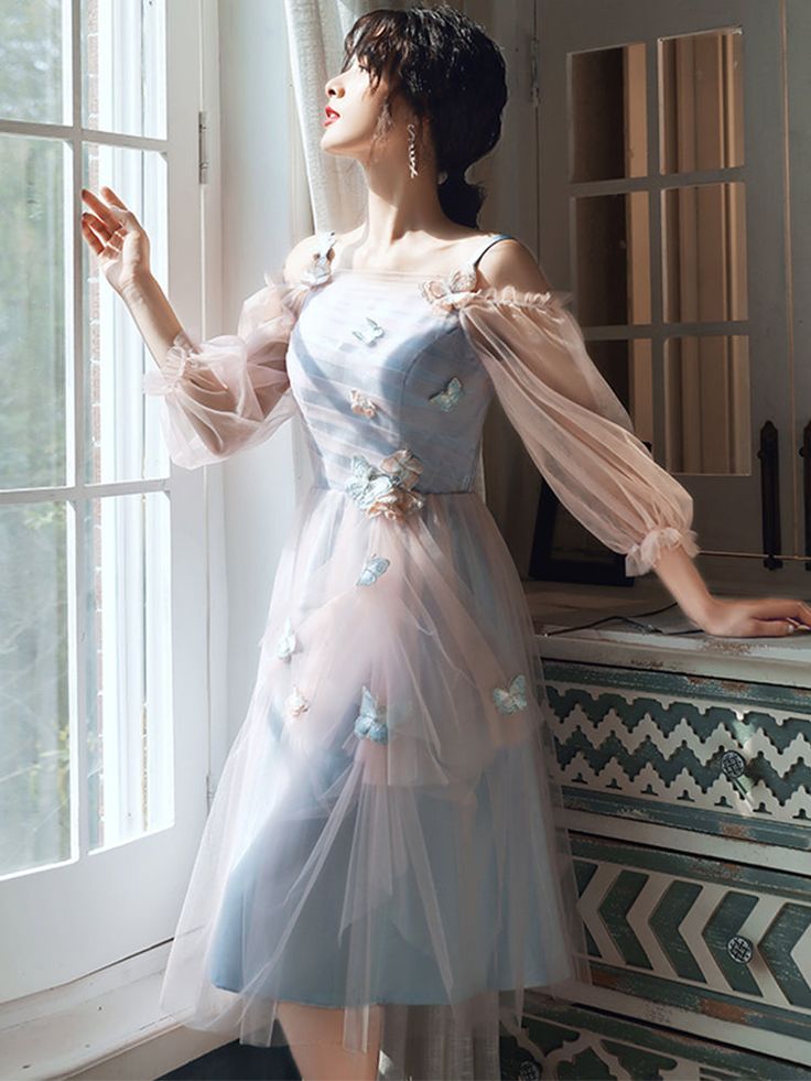 Lovely Light Blue And Pink Tea Length Graduation Dresses, Pink Short Prom Dresses - Fashionpara