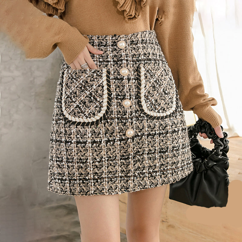Elegant Pearl Button Wool Plaid Mini Skirts - Fashionpara