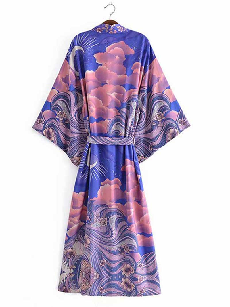 Summer Partywear Floral With Moon Print Purple Color Silk Long Length Gown Kimono Duster Robe 2