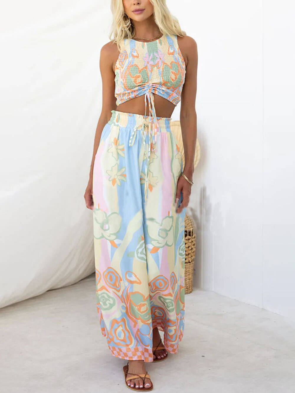 Floral Print Smocked Adjustable Tank Top Drawstring Wide Leg Pants Set - Fashionpara