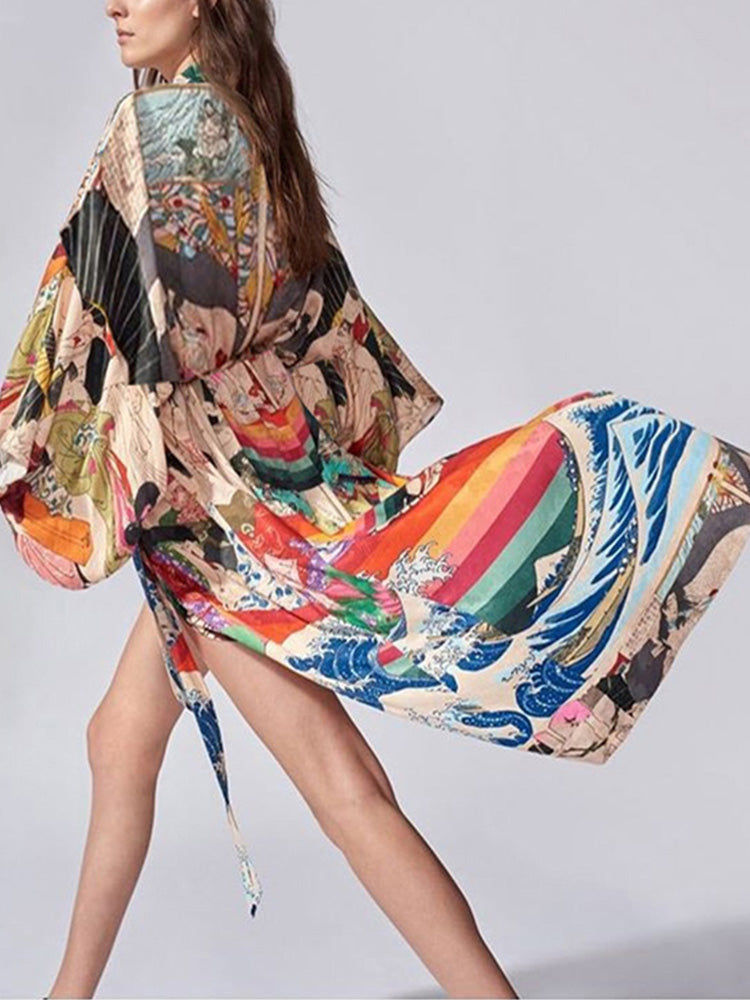 Printed Multicolor Chiffon Polyester Long Length Gown Kimono Duster Robe 3