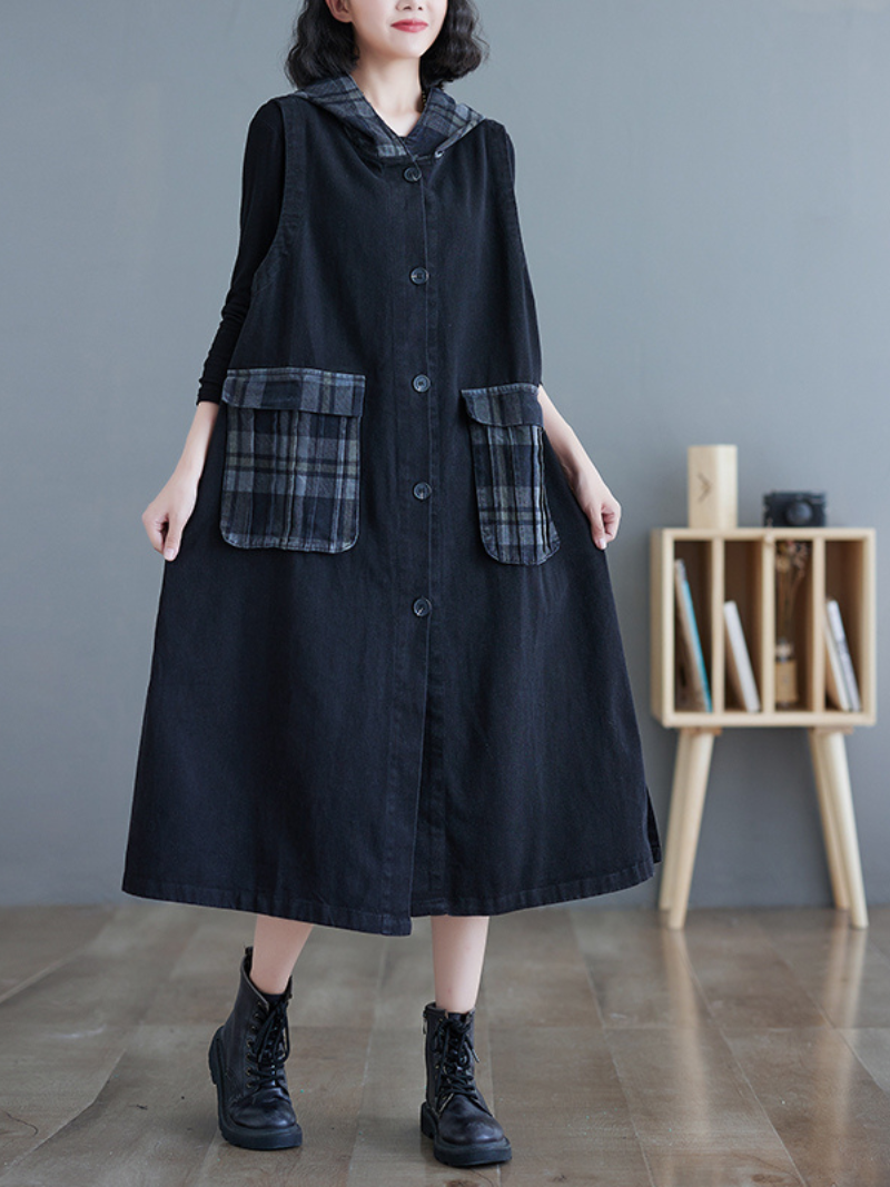 Denim Hooded Sleeveless Plaid-Pocket Pinafore Midi Dress