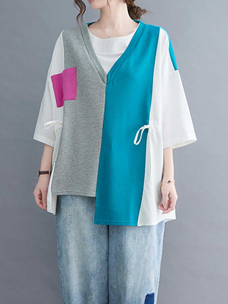 Colorful Print Round-Neck Shirt Top - Fashionpara