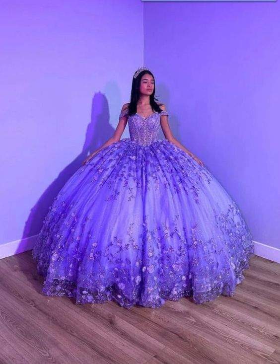 Purple Shiny Puffy Princess Quinceanera Dresses Off Shoulder Beads 3D Floral Gillter Sequins Lace-up Corset Vestidos 15 anos rosa - Fashionpara