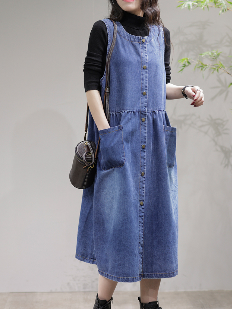 Denim Round Neck Sleeveless Button-Front Pinafore Midi Dress