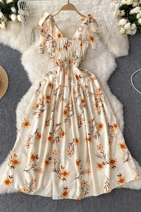 Romantic Floral Print Bandage Straps Dress Vacation Beach Long Dress
