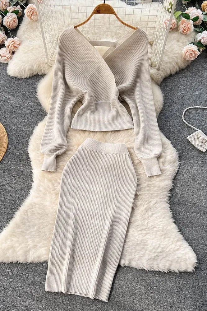 Elegant Batwing Sleeve Knitted Sweater and Skirt Set