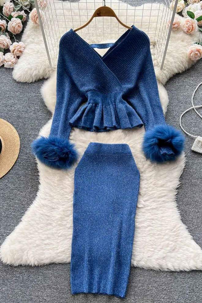 Elegant Ruffled Sweater and High Waist Skirt Set - Z159