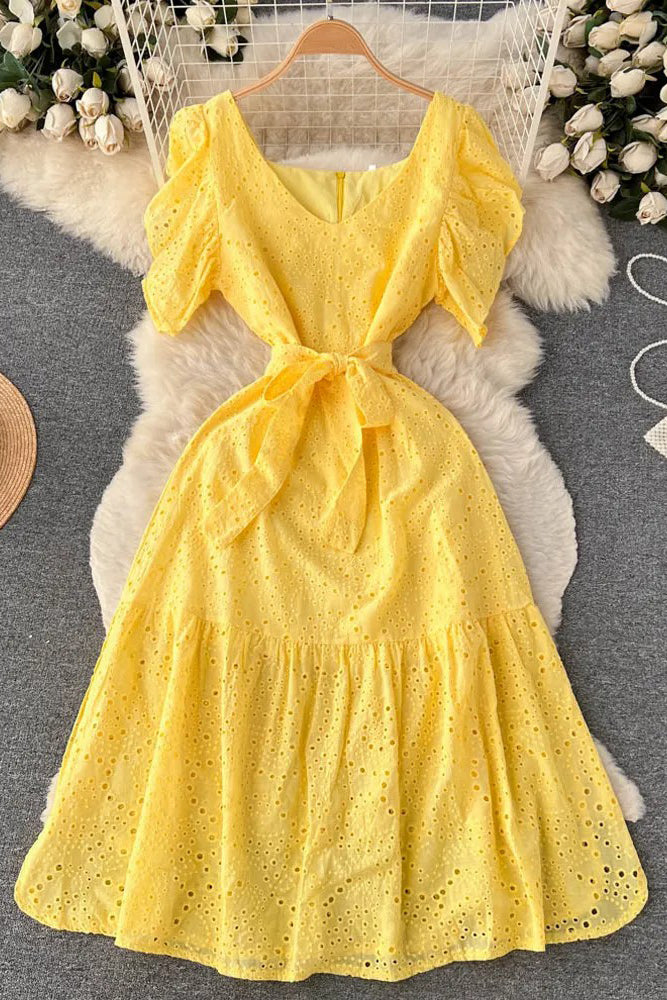 Romantic Puff Sleeve Party Dress Elegant Sash Bandage Ruffled Long Dress