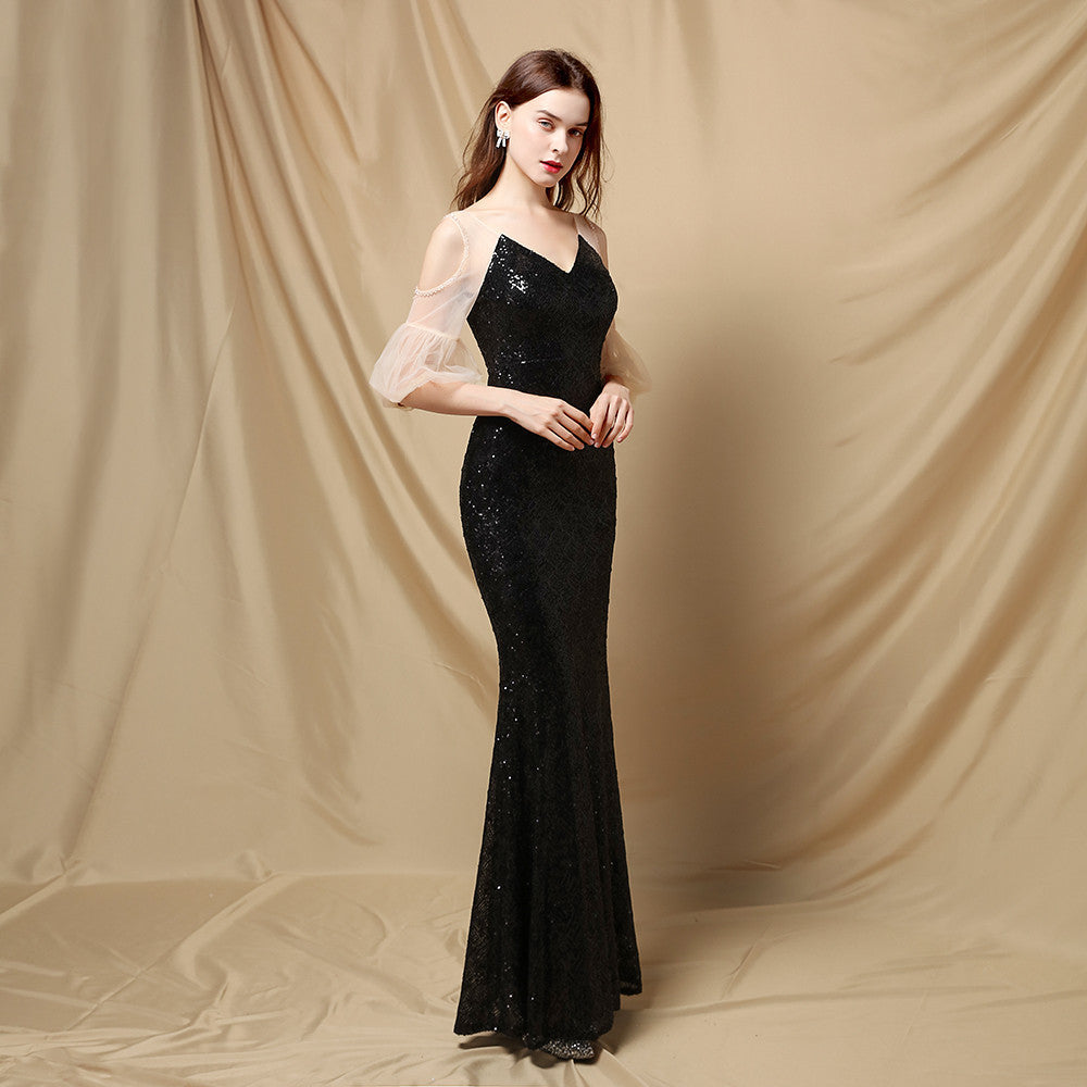 Embellished V-Neck Puff Sleeve Mermaid Gown