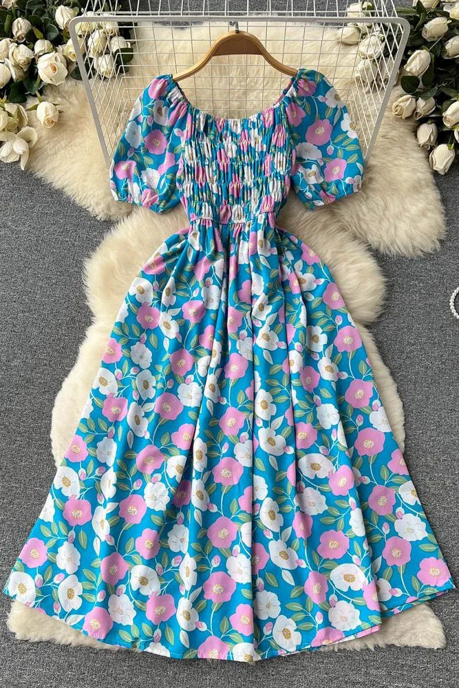 Romantic Flower Print Long Dress Elegant Puff Sleeve Off Shoulder Dress Party Vestidos Dress