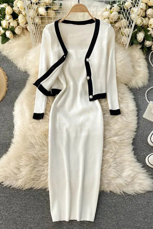 Elegant Two-Piece Knitted Cardigan and Dress Office Set
