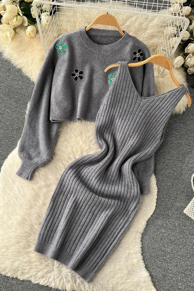 Orro Shop Elegant Two Piece Floral Embroidery Sweater Set