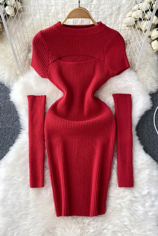 Set Hollow Out Short Sleeve Knitted Mini Dress with Cuffs Two Piece