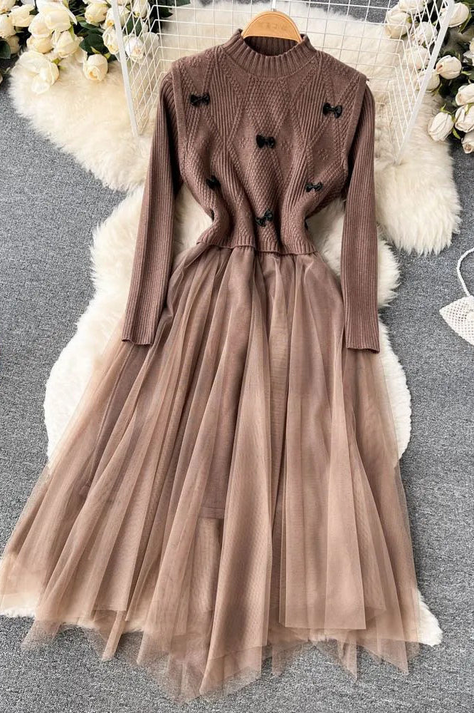 Elegant Lace Patchwork Knitted Sweater Dress Set - Z159