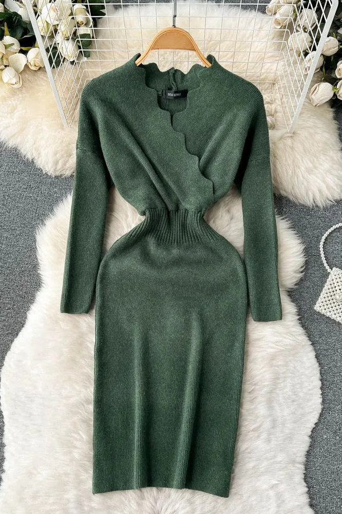 Elegant Cross V-neck Knit Sweater Dress for Women