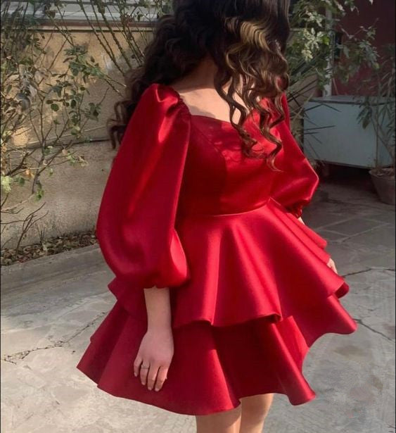 Lovely Red Short Prom Dresses A Line Puff Long Sleeves Tiers Skirt Homecoming Graduation Dress - Fashionpara