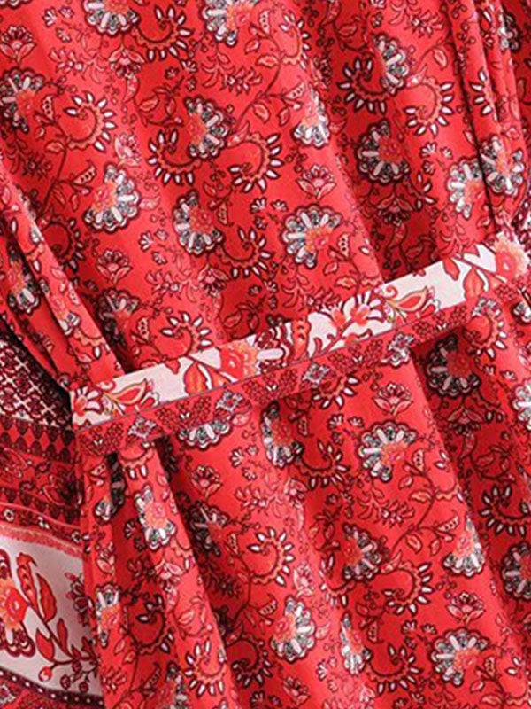 Bride To Be Floral Print Red Cotton Viscose Long Length Gown Kimono - Fashionpara