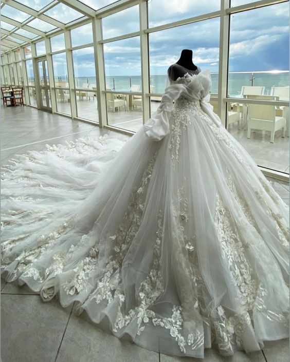 Luxurious White Wedding Dress With Trail,White Bridal Dress
