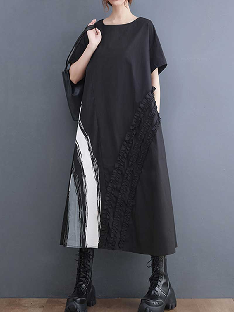 Cotton Short Sleeve Black A-Line Dress 3