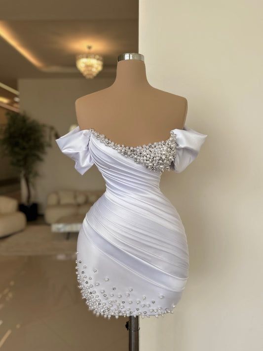 White Short Prom Dress Sheath Off the Shoulder Pearls Mini Cocktail Club Gowns Satin Pleated Party Dresses - Fashionpara