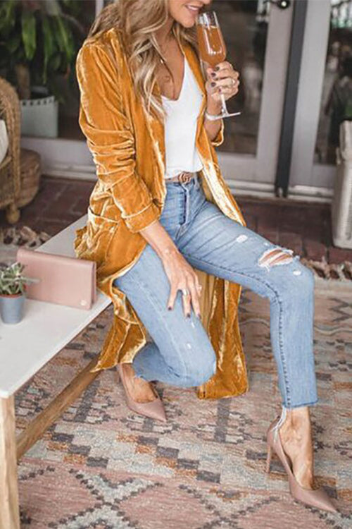 Stylish Open Front Long Sleeve Velvet Long Coat - Fashionpara