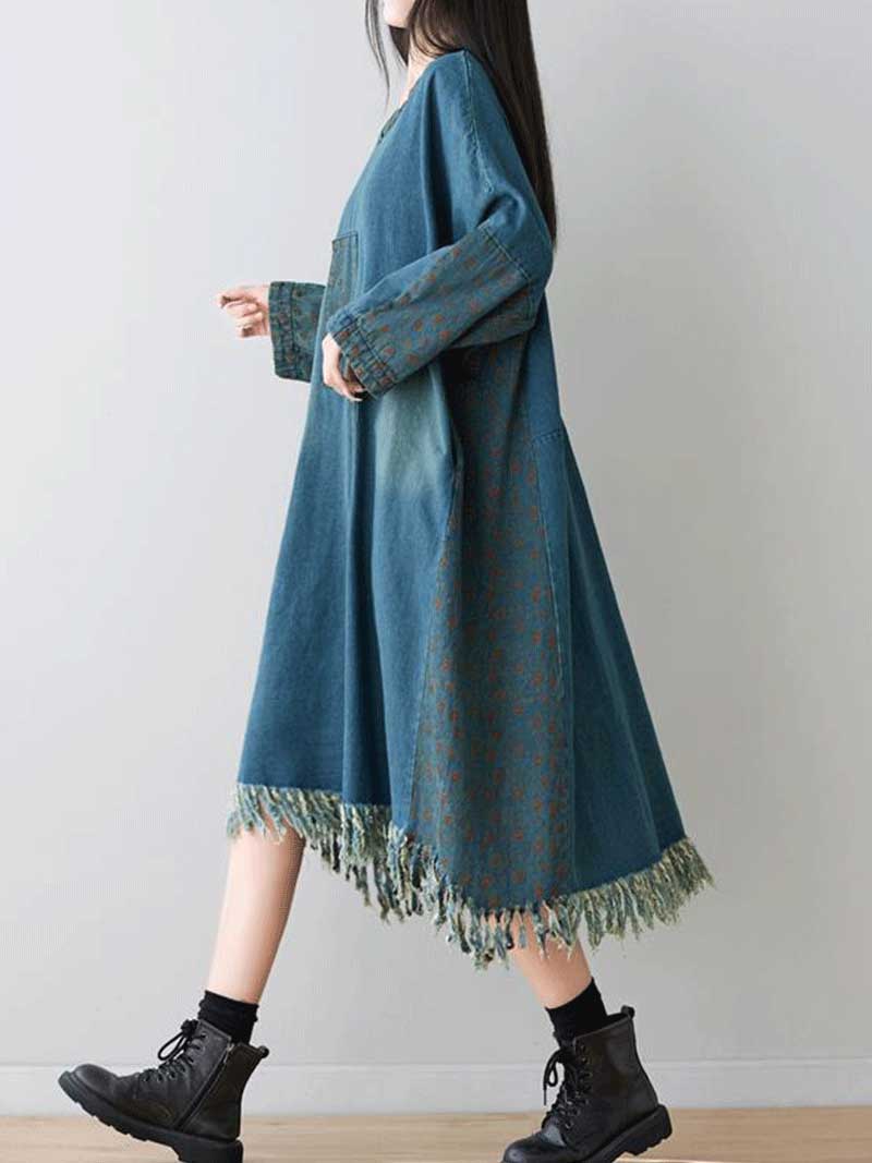Patchwork Pocket V-Neck Long Sleeve Frayed-Hem Midi Dress 5