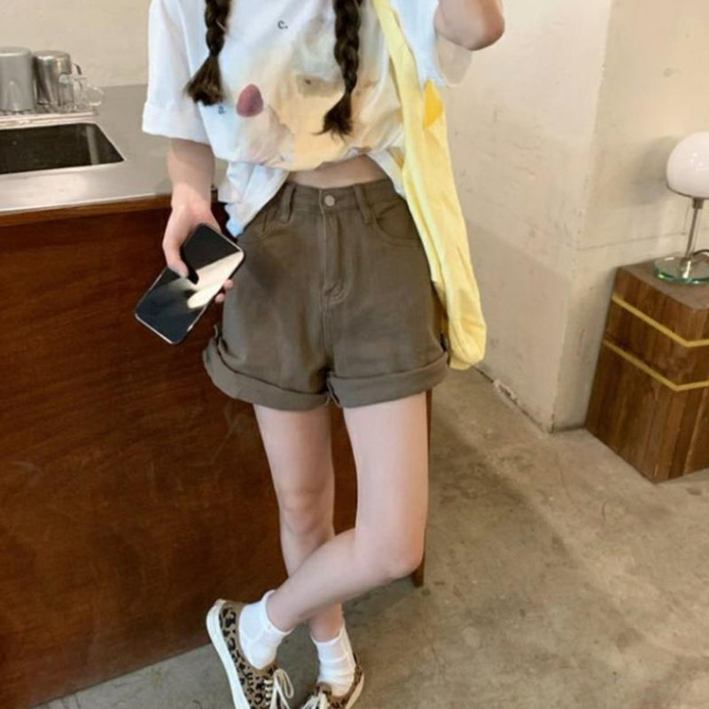 KittenAlarm - Vintage Solid Crimping Brown Shorts Jeans