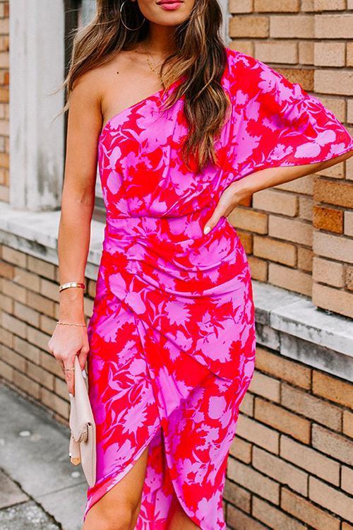 Casual One Shoulder Printed Tulip Hem Dress - Fashionpara
