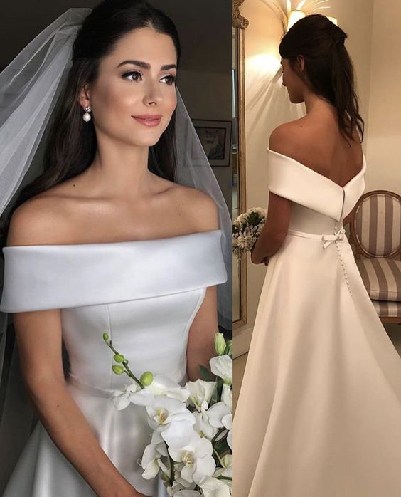 Simple Elegant Off the Shoulder A Line Wedding Dresses Satin Beach Garden Wedding Dresses Bridal Gowns