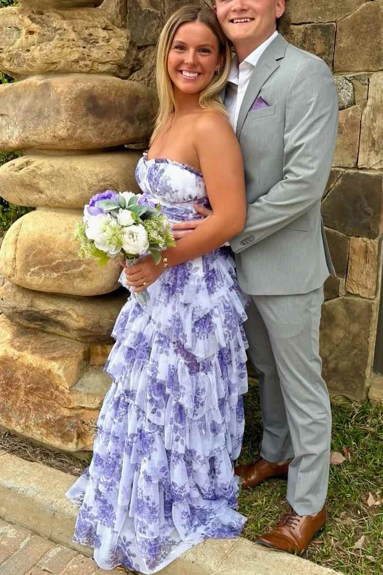 A-Line Strapless Empire-Waist Layered Print Sleeveless Prom Dress - Fashionpara