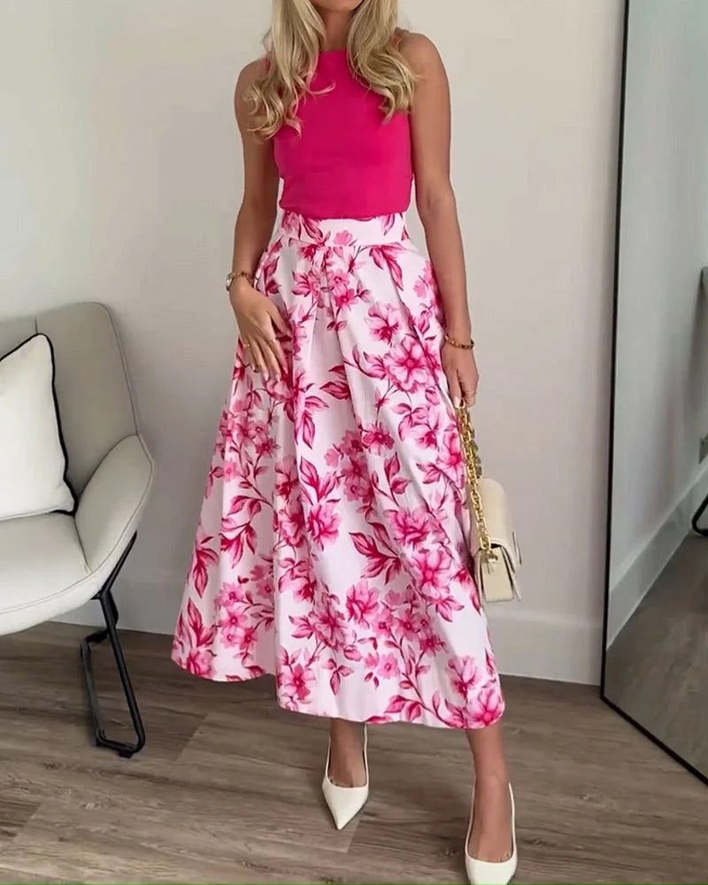Elegant Tank Top & Printed Skirt Two-Piece Set - Fashionpara