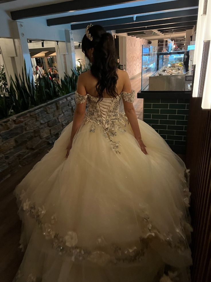 Champagne Quince Dress with Flowers Sweet 16 Dresses Off the Shoulder Ball Gown - Fashionpara